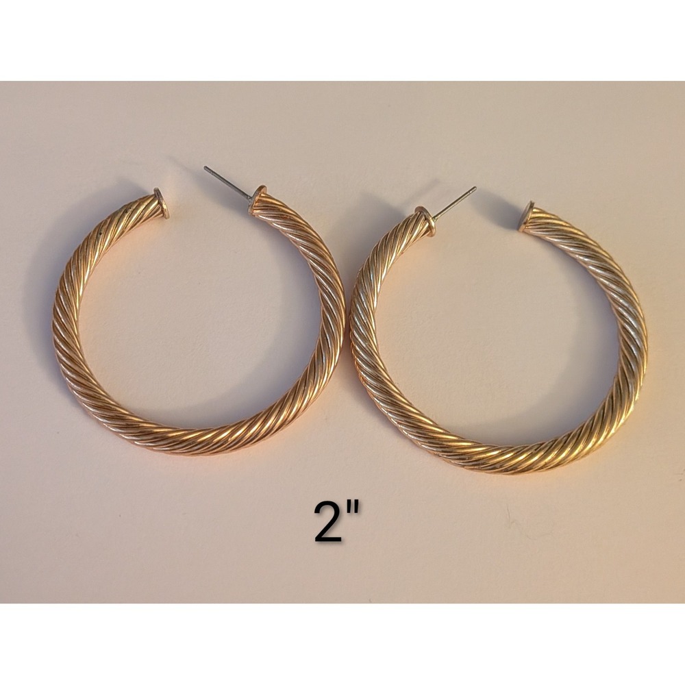 Gold Tone Twisted Rope Hoop Earrings Large 2 Inch Circular Cable Textured Hoops‎